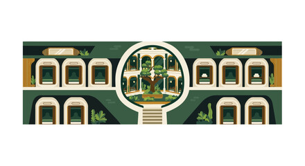 Fototapeta premium Modern Eco-Friendly Capsule Hotel Vector with Central Garden Courtyard
