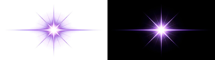 Sparkle vivid purple star light flare radiates sharp beams with tiny glowing particles for mystical design PNG, Transparent and Black Background Versions for editing © Nyxthrasza