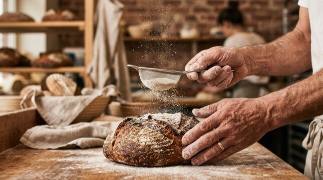 Baker sifting flour onto freshly baked artisan bread in a warm bakery.