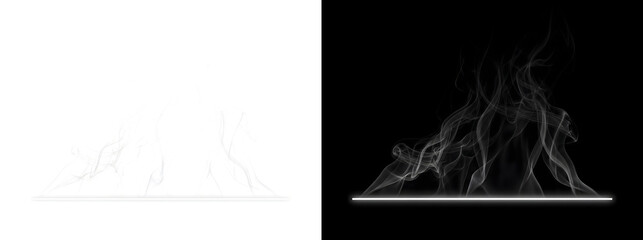 Fog thin white smoke rises above a glowing horizontal light line with wispy curling shapes for design PNG, Transparent and Black Background Versions for editing © Nyxthrasza