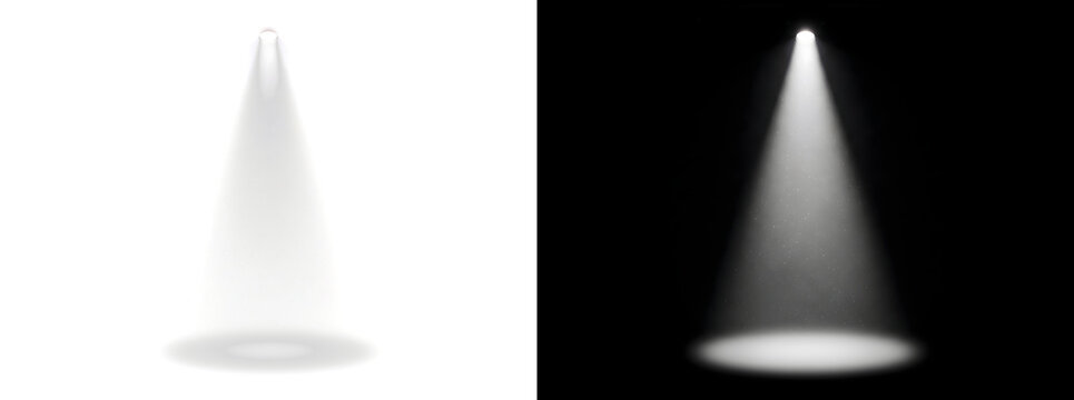 Spotlight clean minimal white spotlight cone shines straight down onto dark floor with soft edges for design PNG, Transparent and Black Background Versions for editing