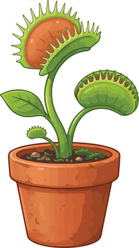 Venus flytrap plant in a terracotta pot displays open jaw-like traps in a vibrant cartoon vector illustration format.