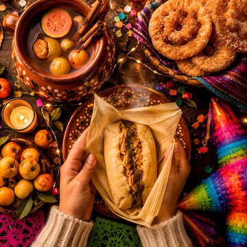 Las Posadas Mexican Christmas Watercolor Clipart with Pi&ntilde;ata, Candles, Tamales and Ponche