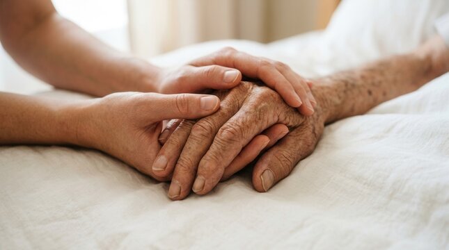 An old man's wrinkled hands held by a younger man's hands on a white bed.