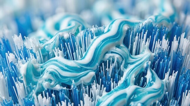 Close up macro shot of toothpaste and toothbrush bristles with blue and white swirls.