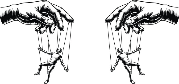 Old school woodcut style vector illustration of a hand pulling strings on a marionette puppet, symbolizing control, manipulation, and puppetry. Human hand holding strings attached to a toy doll.