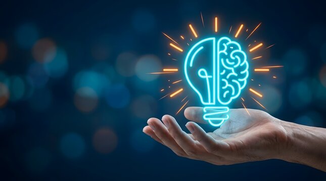 Human hand holding a glowing neon light bulb icon representing a creative brain and idea generation