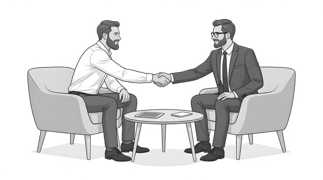 Two businessmen shaking hands while sitting in armchairs during a formal corporate meeting