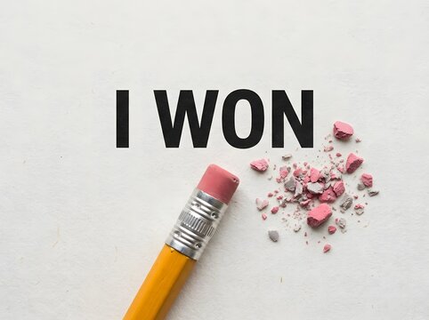 Pencil erasing the text i won on a white paper surface leaving pink eraser crumbs behind