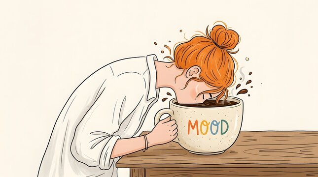 Tired woman burying her face into a large coffee cup with mood text written