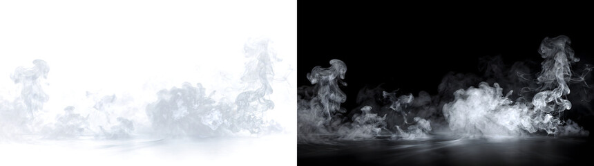 Fog wispy white smoke drifts across reflective dark floor with soft curling shapes for cinematic design PNG, Transparent and Black Background Versions for editing © Nyxthrasza