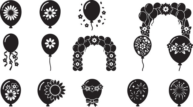 Set of black silhouettes featuring decorative balloons with floral patterns, arches, fireworks, and ribbons for party and event decoration