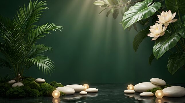 Tropical nature background with lush green foliage, smooth stones, white flowers and warm sunlight creating a peaceful atmosphere
