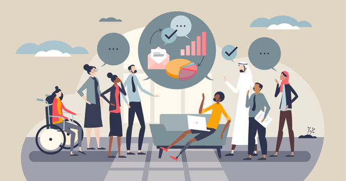 Corporate communication teamwork as a diverse office group shares ideas, key objects, speech bubbles, charts, laptop. Concept, inclusive collaboration and clear messaging. Tiny style