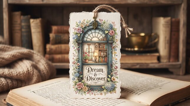 Vintage Floral Bookmark with Dream and Discover Quote Resting on an Open Old Book in a Cozy Library Setting