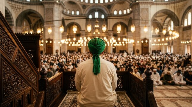 An Imam delivering a Friday Khutba in a beautiful mosque setting.