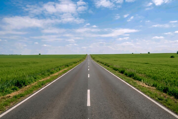 Fototapeta premium An empty two-lane asphalt road stretches straight through green fields under a clear blue sky.