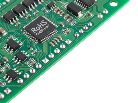 Close-up of Green Printed Circuit Board with RoHS Compliant Electronic Components