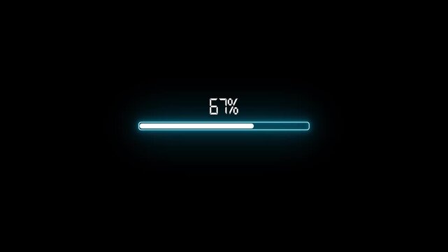 Glowing neon Status bar, process indicator from 0 to 100 increasing percentage, progress bar animation.Uploading,Download bar,update, Loading Bar Animation. Abstract neon loading icon animation