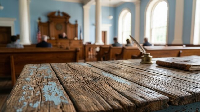 Historic colonial courthouse interior featuring traditional wooden elements.