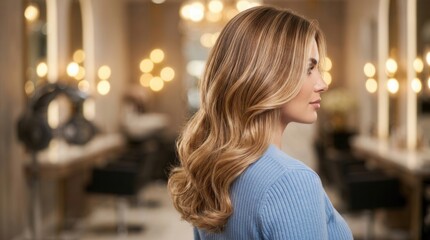Obraz premium Woman with perfectly styled flowing hair featuring caramel and blonde balayage.