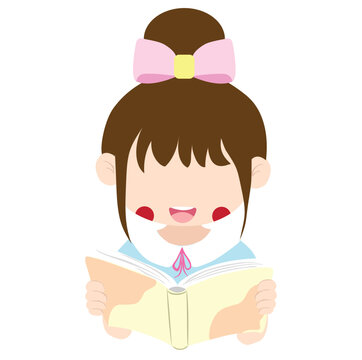 Flat vector illustration of a happy cartoon girl with a bow reading a book, ideal for education, children's learning, library, and back-to-school themed graphic design projects