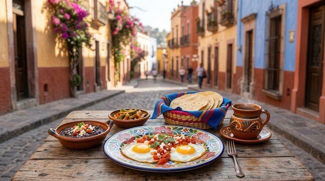 Traditional Mexican breakfast spread with fried eggs, refried beans, and salsa in colorful clay dishes.