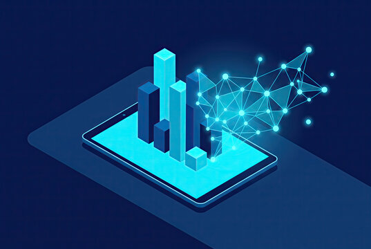 Isometric Tablet with 3D Bar Chart and Glowing Data Network
