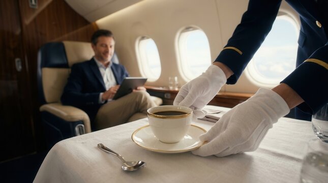 An attentive flight attendant in white gloves serves coffee in a luxury airplane cabin interior.
