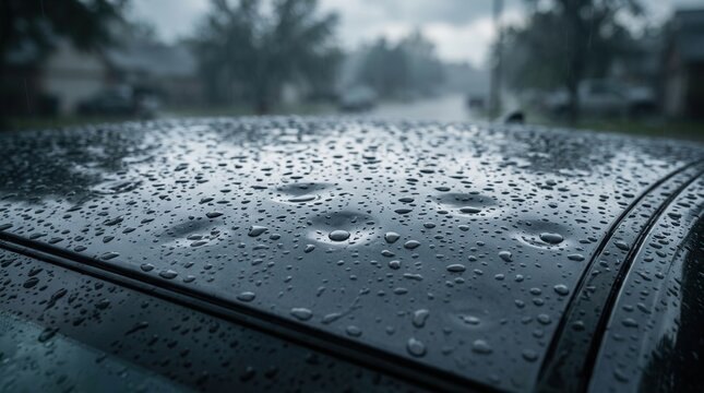 Close-up of hail damage on a car roof with water droplets during a storm.