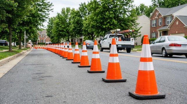 Orange traffic cones guide vehicles around a road construction zone on a suburban street.
