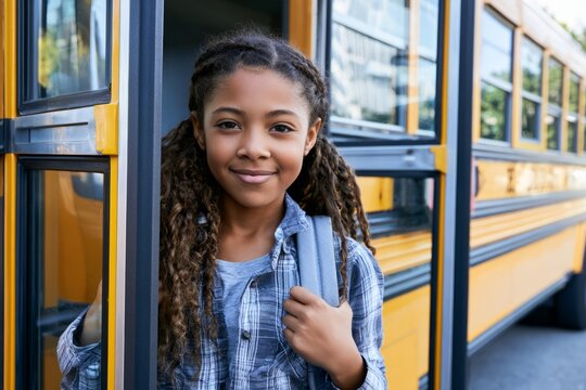 Young girl smiling embarking on school bus for education
