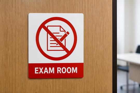 A "No Writing" sign on a wooden door labeled EXAM ROOM in an institutional setting.