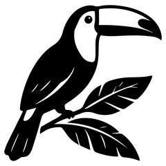 Fototapeta premium A striking black and white illustration of a toucan perched on a branch with leaves, showcasing its iconic large beak and vibrant plumage.