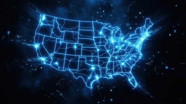 Digital map of the United States with glowing blue connections and data streams.