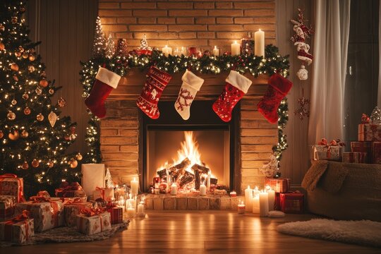 Cozy christmas living room with fireplace and tree