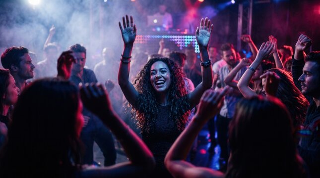 Happy young people dancing at a disco nightclub.