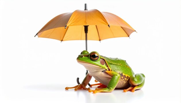 Little green frog resting calmly under an orange umbrella protecting it from rain on isolated white background
