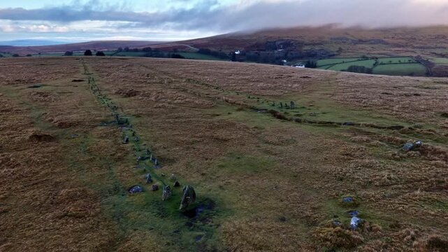 Neolithic prehistoric rows of stones on Dartmoor Devon in winter time