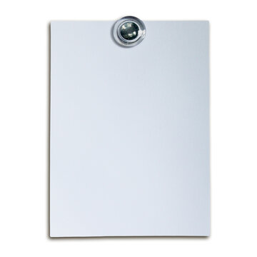 Blank white rectangular paper sheet held by a round glass magnet on a transparent background