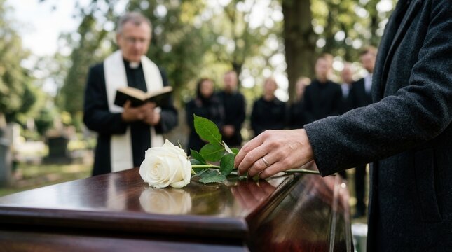 A woman in mourning attire places a fresh white rose on a closed coffin lid during a funeral service.