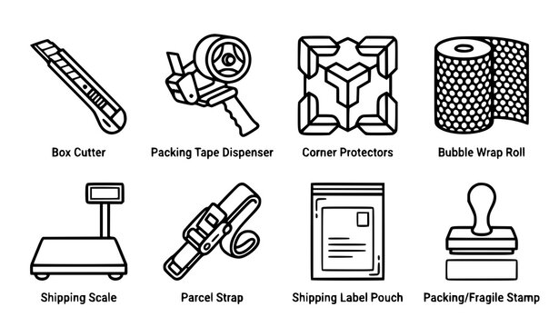 Line art illustration of essential packing and shipping supplies on a white background