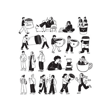 Coffee lovers characters set doodle line art vector isolated on white background