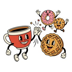 Fototapeta premium Happy Cartoon Coffee Cup High Fiving Delicious Baked Goods.