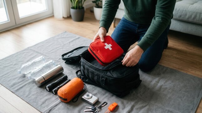 A person in a dark green shirt packs a red first aid kit into a black bag while organizing travel supplies.