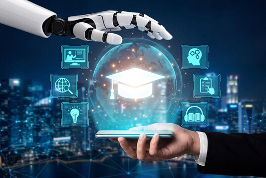AI and human hands with mobile phone projecting hologram graduation cap online education concept