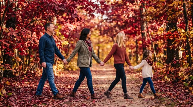 Commercial outdoor lifestyle stock photo of a happy family posed together on a patchwork quilt surrounded by golden autumn foliage in a sunlit park.