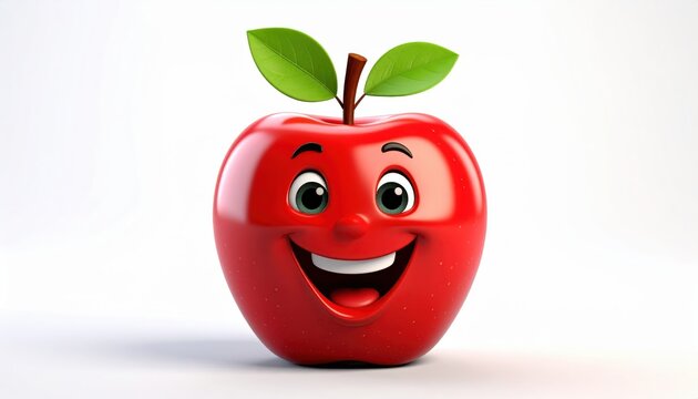 3D render of a cheerful red apple character with a happy smiling face expression isolated on white background for kids designs