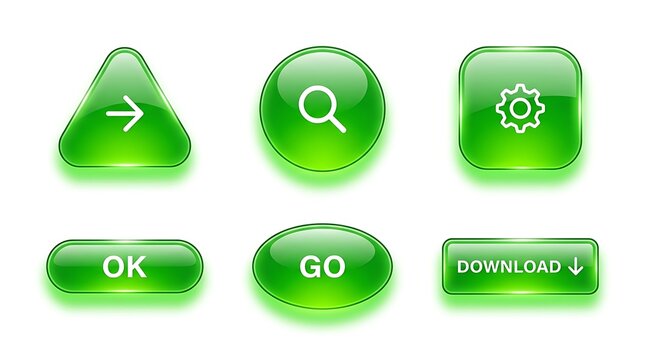 Set of glossy green glass UI buttons with icons and text for web and mobile interface design