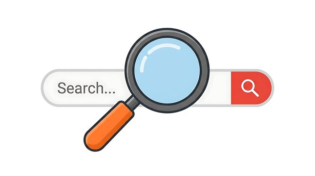 Magnifying glass over a digital search bar icon for web browsing and information retrieval.